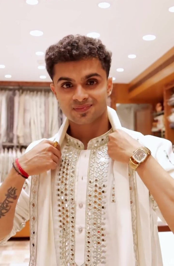 Men’s White Mirror Embroidered Kurta Set with Dupatta