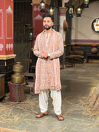 Blush Pink embroidery  Kurta Set with Dupatta for Men