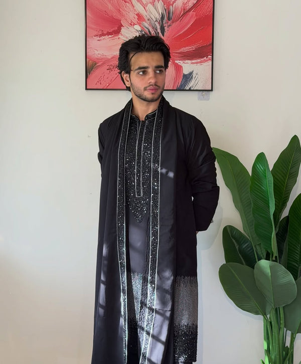 Black Luxury  Sequined and bids Kurta Set with Embellished Stole for Men