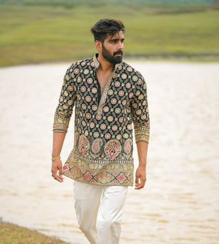 Men’s Black Floral Embroidered Designer Kurta