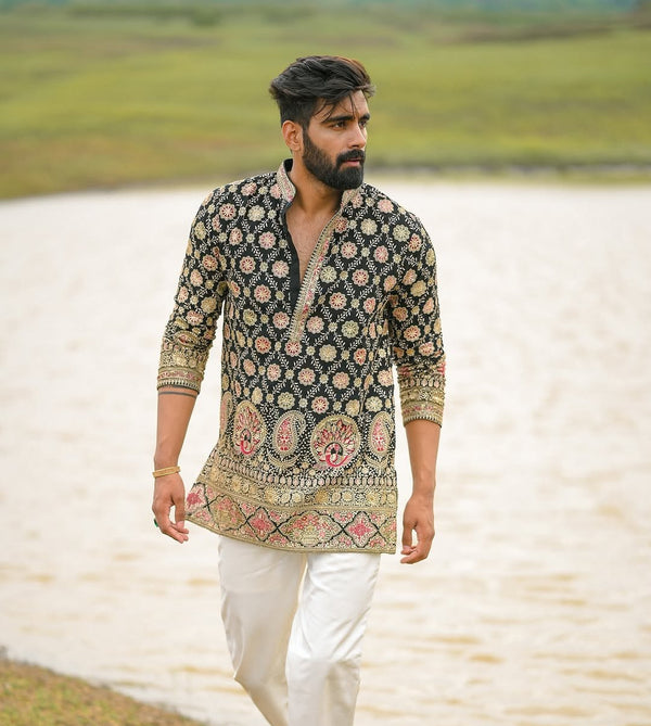 Men’s Black Floral Embroidered Designer Kurta