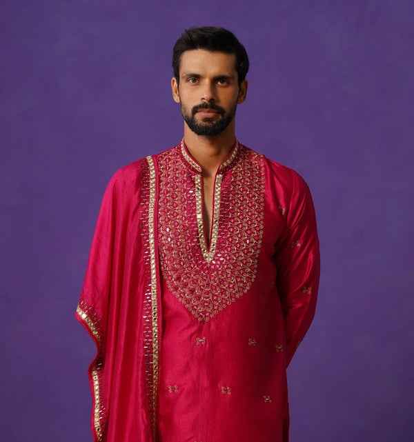 Men’s Red Silk Embroidered Kurta with Dupatta