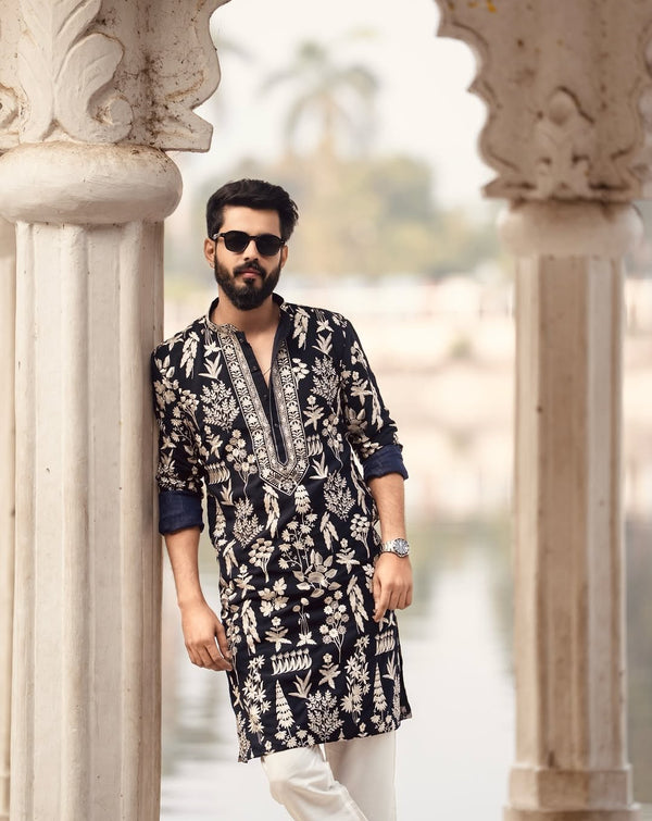 Men’s navy blue Floral lakhnavi Designer Kurta