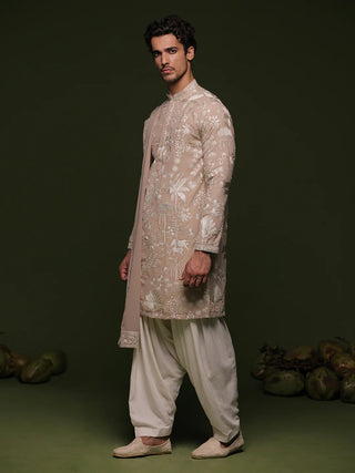 Men’s Beige Embroidered Designer Kurta with Dupatta
