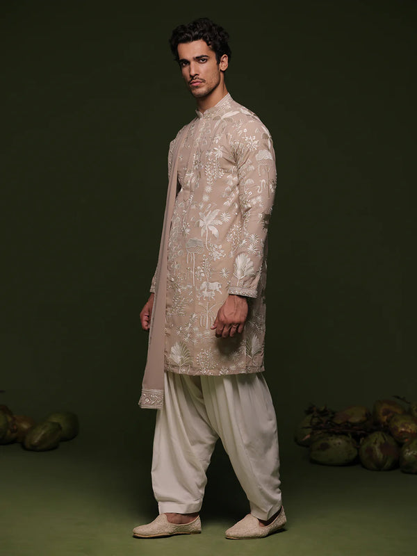 Men’s Beige Embroidered Designer Kurta with Dupatta