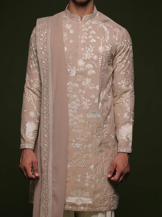 Men’s Beige Embroidered Designer Kurta with Dupatta