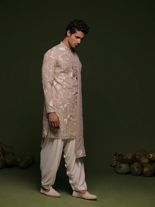 Men’s Beige Embroidered Designer Kurta with Dupatta