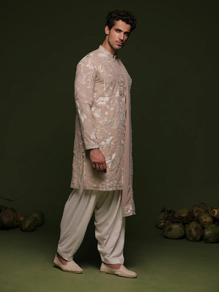 Men’s Beige Embroidered Designer Kurta with Dupatta