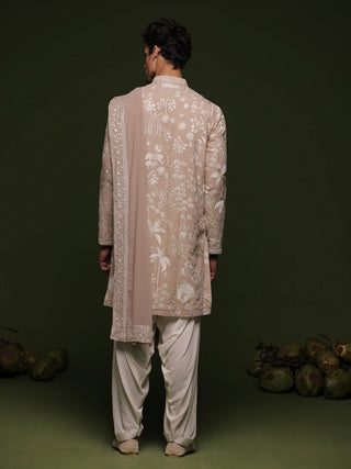 Men’s Beige Embroidered Designer Kurta with Dupatta