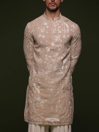 Men’s Beige Embroidered Designer Kurta with Dupatta