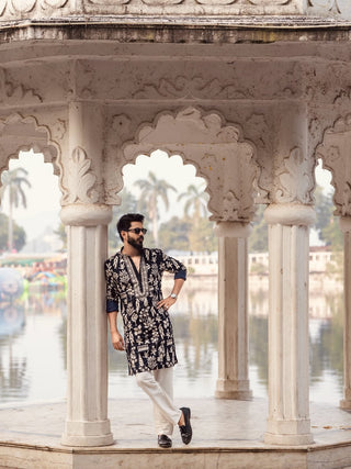 Men’s navy blue Floral lakhnavi Designer Kurta