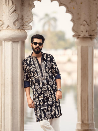 Men’s navy blue Floral lakhnavi Designer Kurta